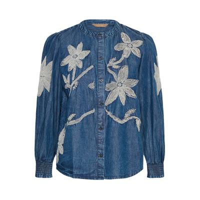 Langarmbluse CULTURE "Damen Bluse langarm CUchatarina", Damen, Gr. L, blau (medium blau wash), Obermaterial: 100% Baumwolle CO., Blusen
