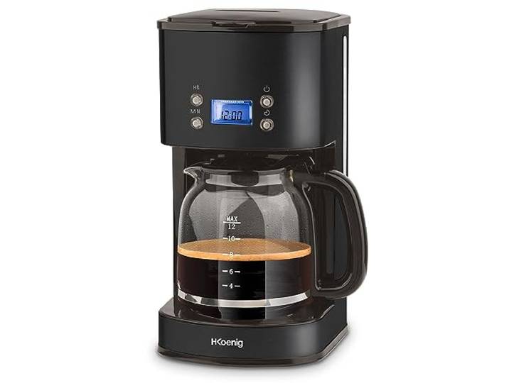 H.Koenig MG32 Programmierbare Kaffeemaschine, Filterkaffeemaschine, Wassertank 1,5L (12 Tassen), 1000W, Graduierte Glaskaraffe, LCD-Display, Edelstahlgehäuse, Schwarz
