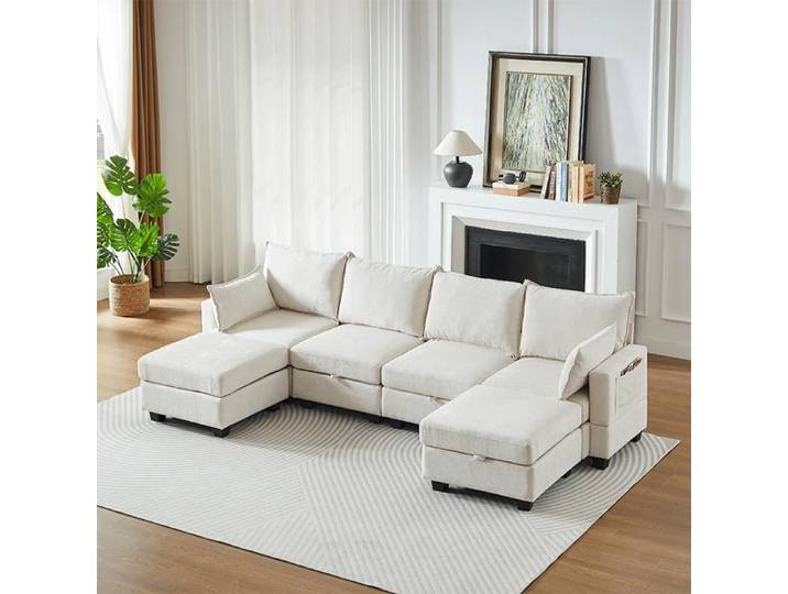 Canapé modulaire en U - Beige - Chenille - 6 places - Méridienne - Ottomane de rangement - Modulaire - Canapé-lit