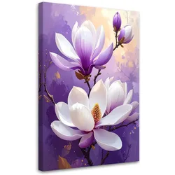 LEINWANDBILDER, Weiße und violette Magnolien auf einem lavendelfarbenen Hintergrund