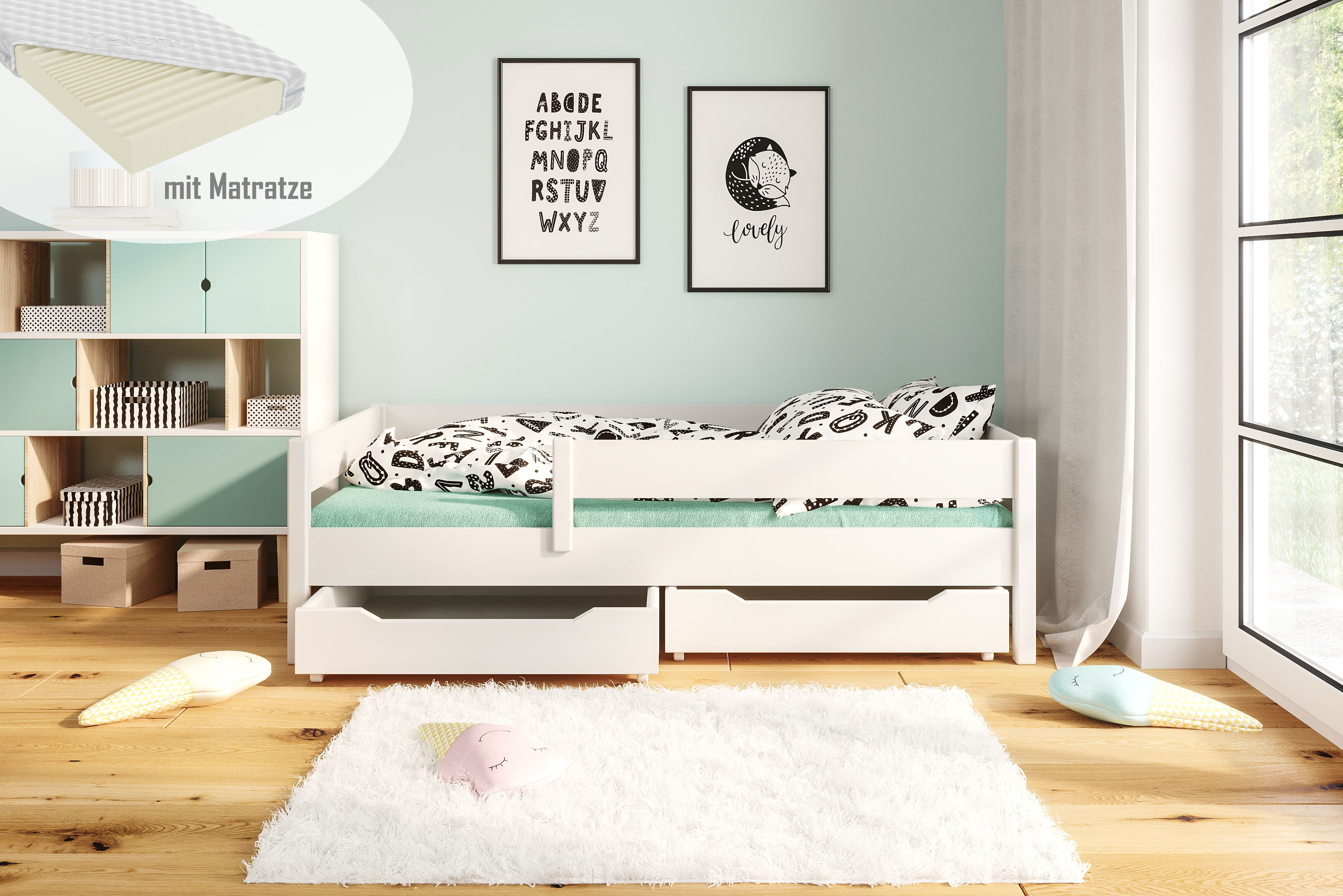 Kinderbett Lina 180x80 Kinderbett mit Rausfallschutz & Lattenrost weiß 80 x 180 für Mädchen und Jungen Massivholz Kiefer, mit Matratzen und Schubladen