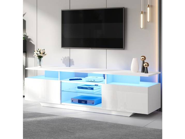 VUENOR Meuble TV 160 x 40 x 45 cm blanc avec LED et 8 rangements