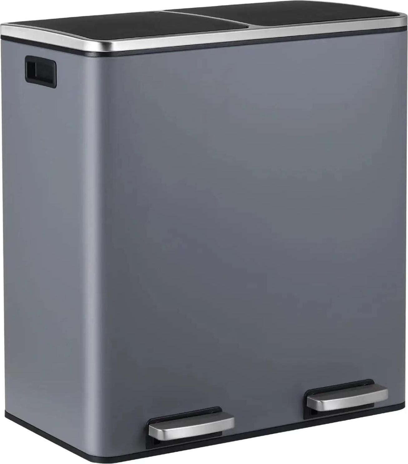 60L Küchen Mülleimer - Edelstahl Tretmülleimer - Doppel Mülleimer mit 2 Fächern - Abfall und Recycling - Soft Close Deckel - dunkelgrau