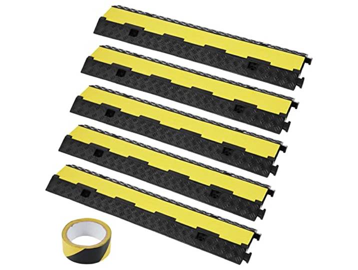 VEVOR Rampe Protection Câble 2 Canaux 5PCS Passage Câble Sol Caoutchouc Capacité 5443 kg/Axe Passe Câble Ralentisseur Modulaire Couvercle Rabattable Ruban Avertissement 15 m pour Intérieur Extérieur