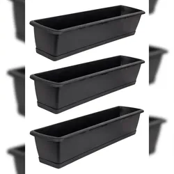 BigDean 3er Set Blumenkasten mit Untersetzer 80 cm lang anthrazit - aus PP-Kunststoff - Balkon Pflanzkasten schmal Balkonkasten