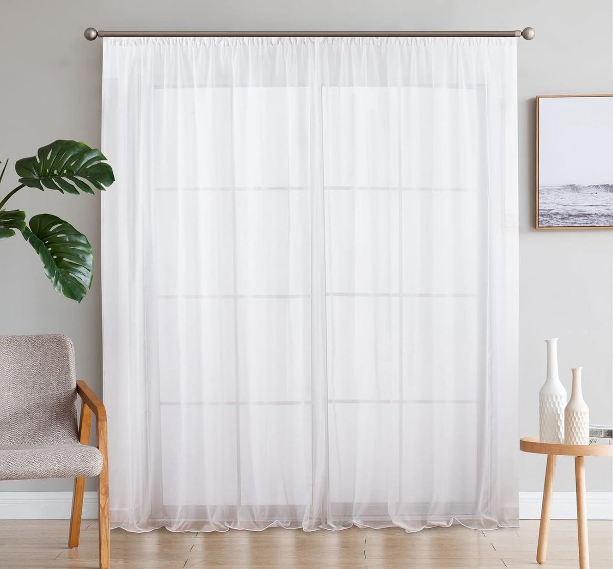 SnelShoppen Set van 2 Elegante Witte Voile Gordijnen 140 x 175 cm - Translucente Overgordijnen met Railhaken