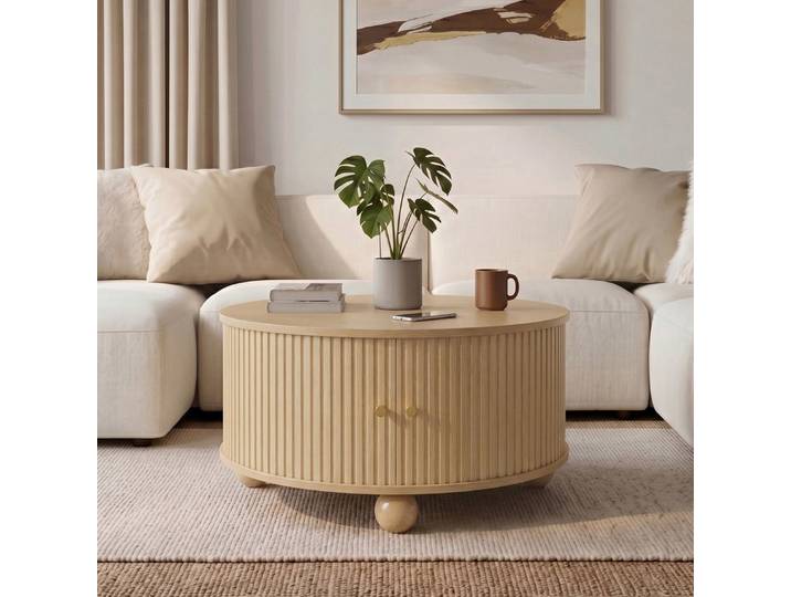 REDOM Wohnzimmer-Set Design-Möbel – Schiebetüren, Relief & Kugelfüße, (1-St., Natur, 72×72×38 cm, für moderne Räume), Rundform, Goldgriffe, 4 Fächer