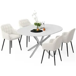 Vicco, Essgruppe, Esstisch-Set Loyd, Weiss/Grau, 120 x 120 cm mit 4 Esszimmerstühlen (Beige)