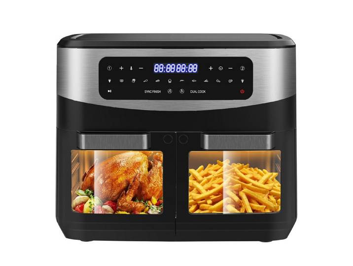 AIMAX Heißluftfritteuse Dual Zone Airfryer mit Sichtfenster, LED-Touch, 10 Programmen, gesund & fettarm, 2200 W, Doppelkammer mit herausnehmbarer Trennwand, Indoor-BBQ