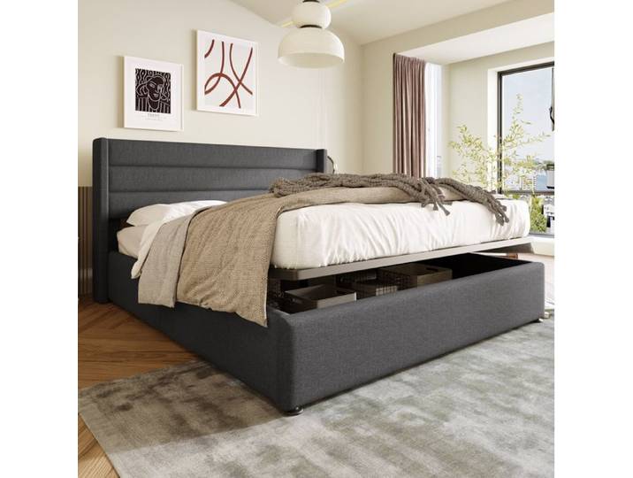 ULEVR Lit double rembourré moderne 140x200 cm - rangement hydraulique tête de lit rembourrée gris lin