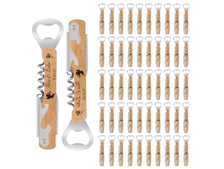 50 Stück Personalisierter Flaschenöffner Holz mit Korkenzieher - Hochzeitsgeschenk für Gäste in Naturholz Multifunktion Weinöffner & Gravur als Gastgeschenk