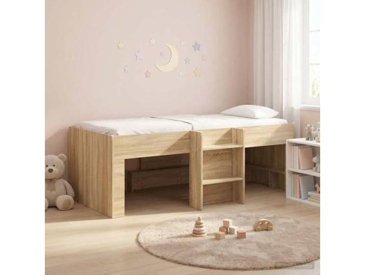 RJPLMFV Hochbett für Kinder, Sonoma-Eiche, 75 x 190 cm Holzwerkstoff, integrierte Leiter, Aufbewahrung unter dem Bett, TPE-Schutz, transparent
