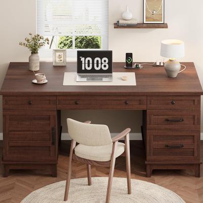 Garvee 60-Inch Farmhouse Desk with Cabinet, Computer Desk with 5 Drawers & Adjustable Shelves, Multifunctional Office Desk