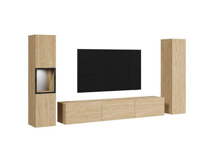 P & B Wohnwand, Eichefarben, Holzwerkstoff, 3-teilig, 8 Fächer, 240x130x31 cm, Fsc, stehend, hängend, Beleuchtung, spiegelbildliche Montage möglich, Wohnzimmer, Wohnwand, Komplette Wohnwand