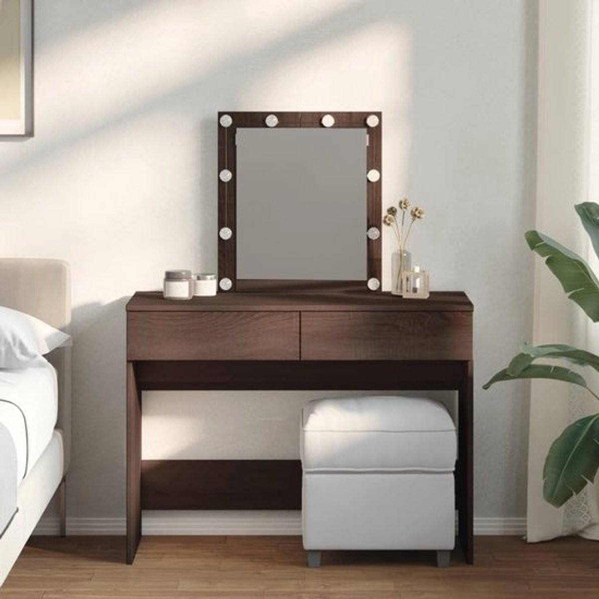 Bruine eikenkleurige kaptafel met LED-verlichting B/D/H: 100 x 40 x 130 cm