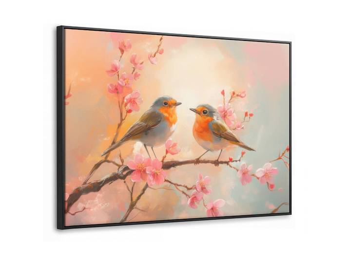 MuchoWow Leinwand Bilder mit Rahmen - Rotkehlchen - Zierpflanze - Blütenzweig - 70x50, Hellrosa, Rechteckig, 70x50 cm, gerahmt, Bilder & Rahmen, Bilder, Leinwandbilder