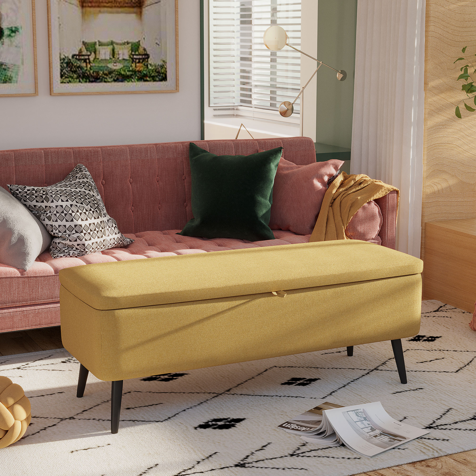 Homcom Panca Fondo Letto con Spazio Contenitore e Rivestimento in Poliestere Giallo, 101x38.5x44.5 cm   Aosom Italy