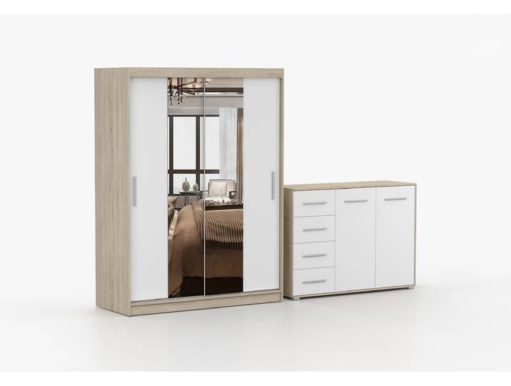 Schwebetürenschrank und Kommode 2-er Set VISTA 01/FRIDA 01 Sonoma Eiche Weiß + Spiegel