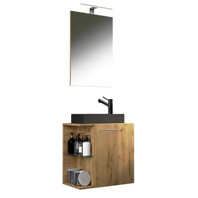 Waschtisch VCM "3-tlg Waschtisch Hausa Spiegelschrank Schwarz", braun (honig, eiche), B:52cm T:34cm, Waschtische, Waschtisch