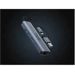 Inca 5-Port Hub IUTP-5T USB-C/A->3xUSB-A3.0/RJ45 5Gbit/s gr (USB-A, USB-C, 5 Ports), Dockingstation + USB Hub, Grau