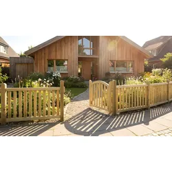 Vorgartenzaun Ligno Braun - Vorgartenzaun Serie mit zwei Gartentoren aus druckimprägniertem Kiefer und Fichtenholz