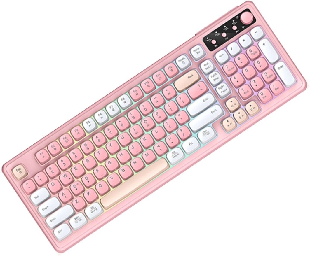 INF Kabelgebundene 99-Tasten Tastatur in Drei-Ton-Vollfarbe mit RGB-Hintergrundbeleuchtung, Multimedia-Lautstärkeregler und Rosa + Weiß