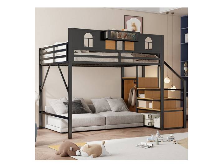 Odikalo Kinderbett Hochbett Bettgestell Jugendbett Stauraum Metallrahmen 140x200cm