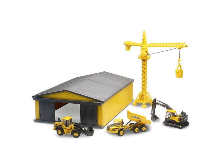 Coffret 3 engins de chantier Volvo + Hangar + accessoires
