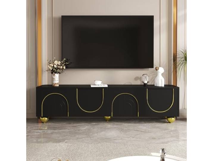 FAVSH TV Schrank 175 cm mit verstellbaren Trennwänden, Goldenen Verzierungen, Goldenen Runden Beinen, Verstellbare Einlegeplatten, TV Kommode im Luxusstil für Wohnzimmer, Esszimmer (Schwarz und Gold)