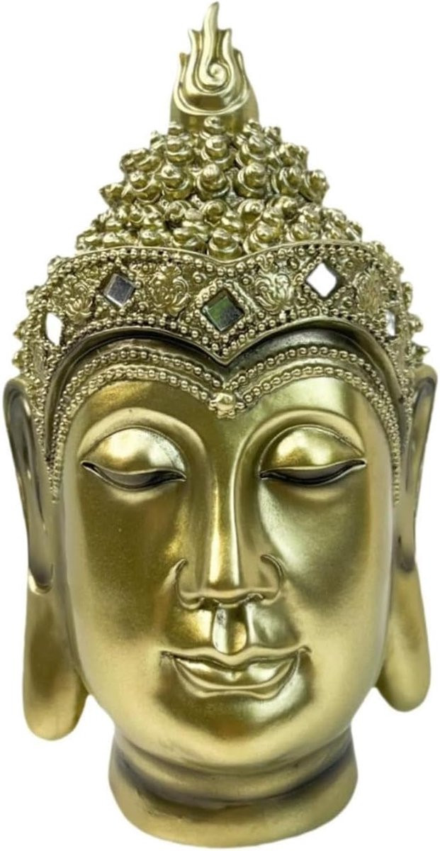 Boeddha Hoofd Beeldje Decoratie Sculptuur Koperkleur Hoogte: 18.9 cm