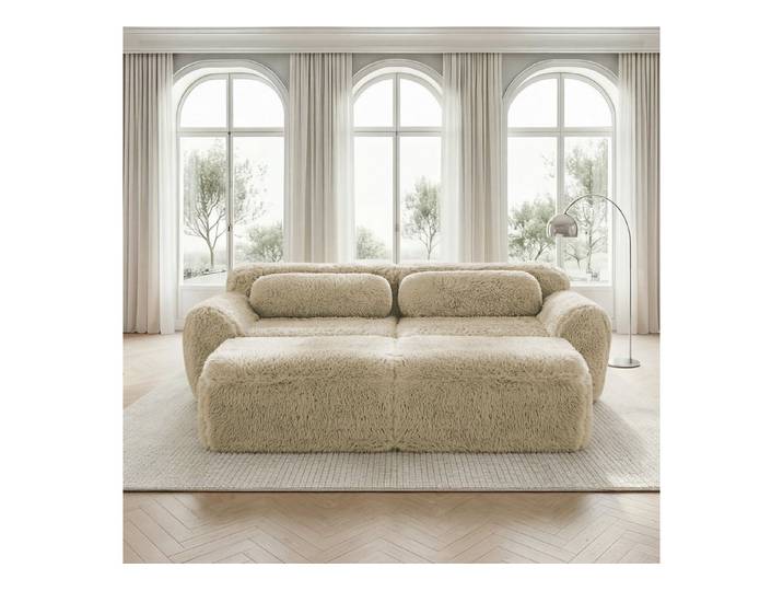 HAUSS SPOLE Loungesofa mit Plüschstoff,Zweisitzer Polstermöbel 2 Hocker,mit Kissen,Hellkhaki