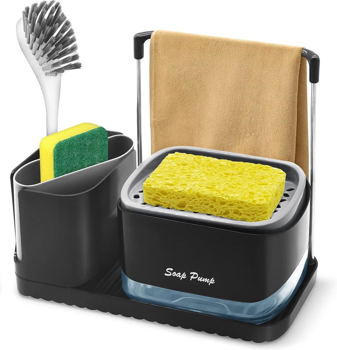 Navulbare afwasmiddeldispenser met sponsenhouder voor de keuken