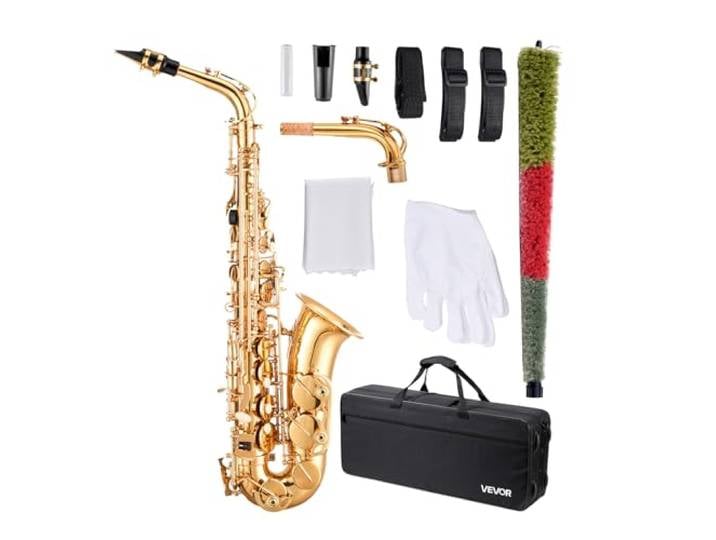VEVOR Saxophone Alto Mi Bémol Kit Saxophone Débutants en Laiton Résistant avec Étui de Transport\, Bec\, Sangles\, Chiffon de Nettoyage\, Gants\, Sangle de Cou\, 23 Touches\, pour Débutants\, Étudiants\, Doré