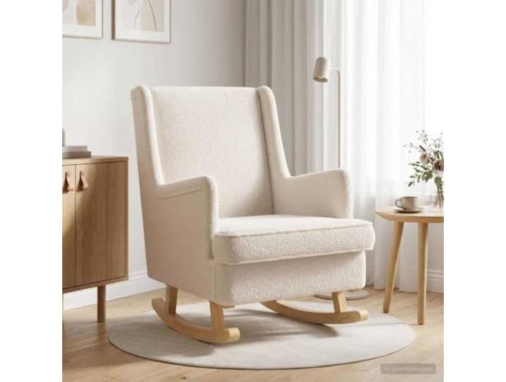 smnyxs Moderner Schaukelstuhl, Cremefarben, mit Metall- und Holzrahmen Minimalistisches Design, abnehmbares Kissen mit Reißverschluss, Füße aus Gummiholz, weicher Stoff, Trockenreinigung