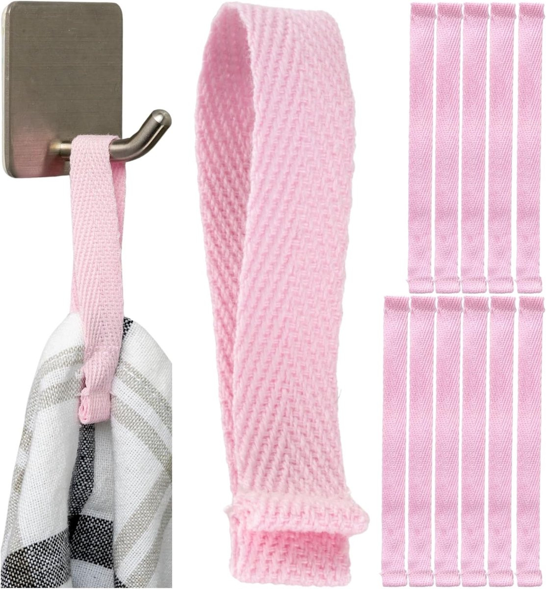 Set van 12 roze katoenen handdoekhangers van 150 x 12 mm voor handdoeken, theedoeken of decoratie