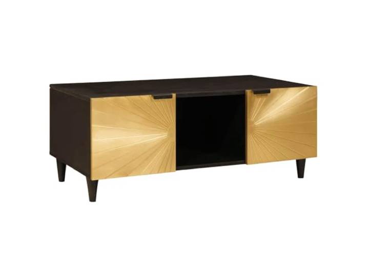 KUTYWEXFM Couchtisch Schwarz Gold 100x54x40 cm Holzwerkstoff Eleganter Wohnzimmertisch mit 2 Türen für ordentlichen Stauraum, stabilen Kegelbeinen und stilvoller Farbkombination.