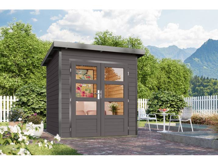 Gartenhaus KARIBU Plutino 1, in verschiedenen Farben , terragrau, graualuminium, ohne Fußboden, Blechdach, Massivholz, Gartenhäuser, Gartenhaus