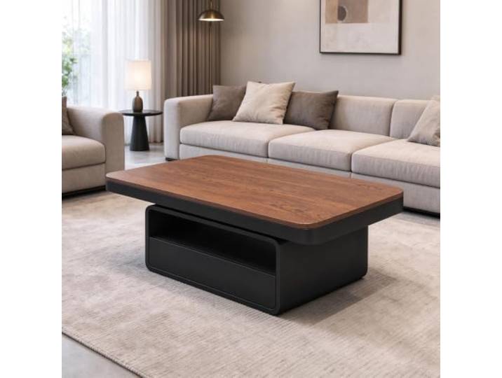 YHTCSXMD Moderner Couchtisch mit Schublade, Schwarzes Stauraum-Design Nussbaum Holzoptik Platte, versteckte Schublade und offenes Fach, Wohnzimmertisch mit modernem rechteckigem Design