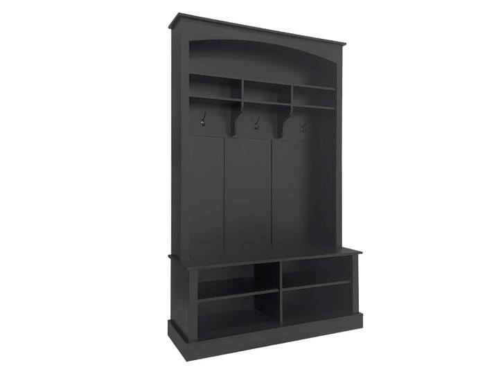 Vestiaire à l'entrée noir avec porte-manteaux étagères et assise