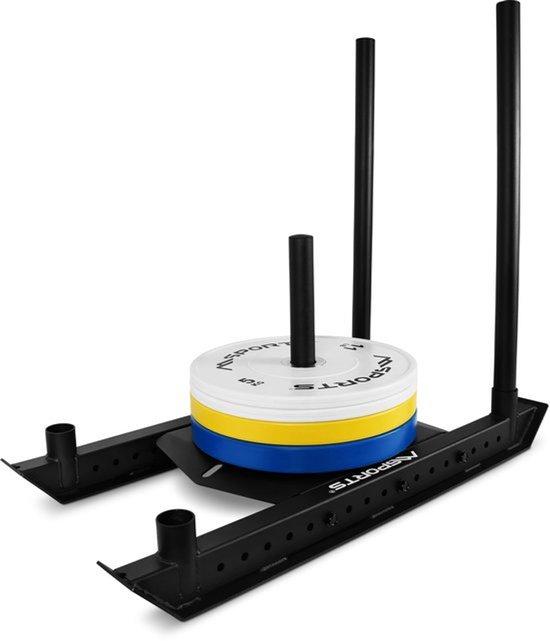 Gewichtsscheiben aus schwarzem Stahl - Power-Schlitten für Schnellkrafttraining - 40x40 cm große Lastplatte - Rechteckiges Gestell - Für den Heim- und Studiobereich