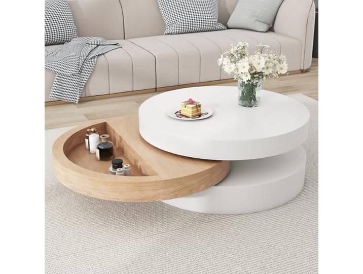 Aunvla Zylindrisch-Couchtisch, Obere Tischplatte 360° frei drehbar,Drehbarer Wohnzimmertisch,Dreistufiger Sofatisch,3Ablageflächen, Gesamt empfohlene Tragkraft 30kg, Weidenholz mit Stauraum