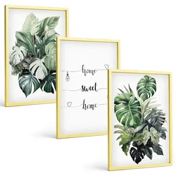 BILDER SET 3er Set - 40x60 cm Goldrahmen - Aquarell-Monstera-Blätter