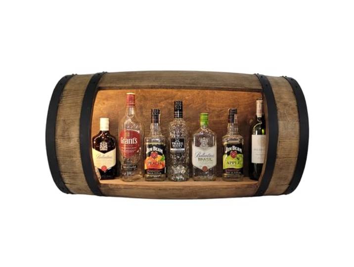 weeco Holzfass Hängendes hölzernes Fassförmiges Regal mit LED Beleuchtung, Mini-Bar an der Wand, hängendes Regal für Alkoholflaschen. zum aufhängen holzfass fassbar