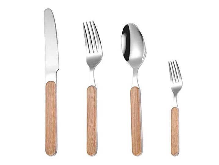 Besteck aus Edelstahl Hochwertiges Edelstahl-Küchenbesteckset (1-4-teilig) mit eleganten Holzgriffen, bestehend aus Messer, Gabel und Löffel, silberfarben