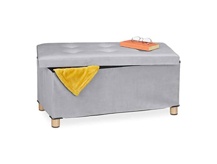 Relaxdays Sitzbank mit Stauraum, Polster, Samtbezug, Holzfüße, hellgrau bis 120 kg, faltbar, Sitztruhe HBT: 34x76x38 cm