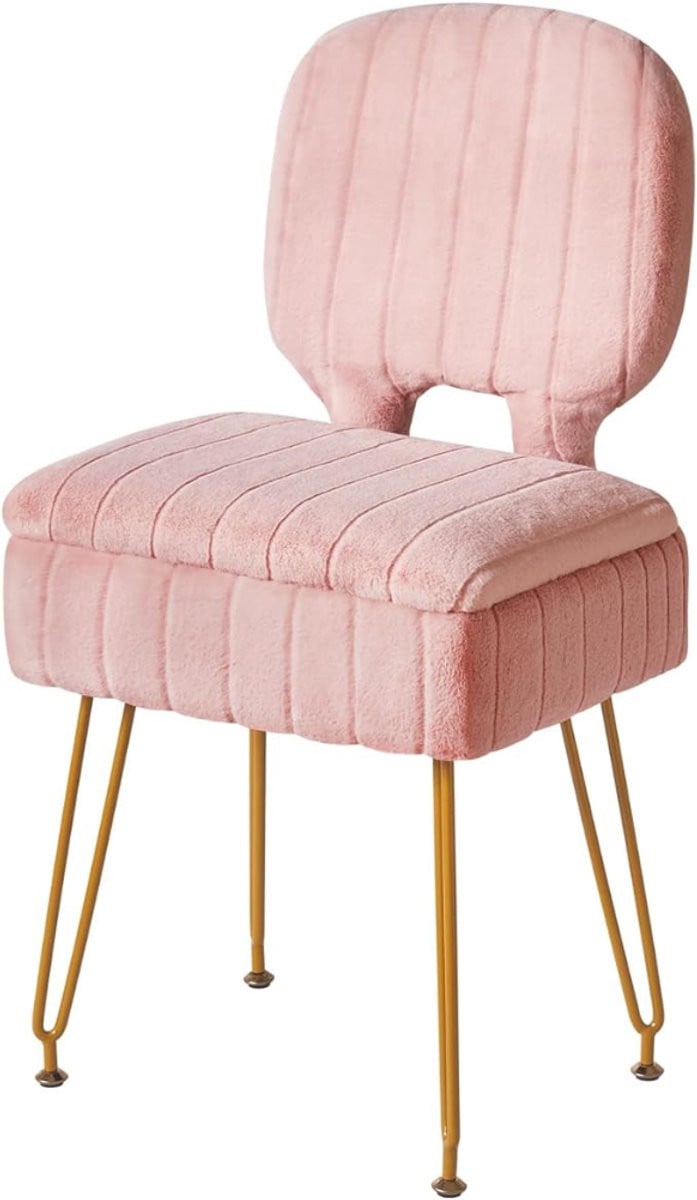 Verte Makeup Chair - Inklapbare Make-upstoel met Opbergruimte en Fluwelen Poefje - Roze - B/D/H: 42 x 31 x 72 cm