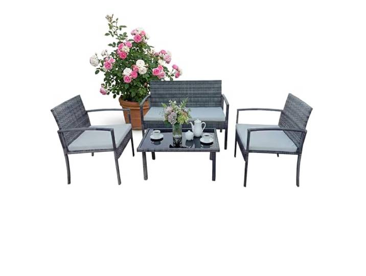 Relaxdays Mobilier Jardin 4 pcs en rotin synthétique\, 4 Places (Banquette 2p+2 fauteuils)\, Table Verre\, Gris