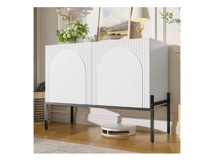 HAUSS SPOLE Sideboard Flurschrank Metallbeinen,Kommode Beistellschrank mit Doppeltür,Weiß (Kommode mit bogenförmigem Linien-Design und Spanplattenkonstruktion), Wohnzimmerschrank Küchenschrank mit Doppeltür