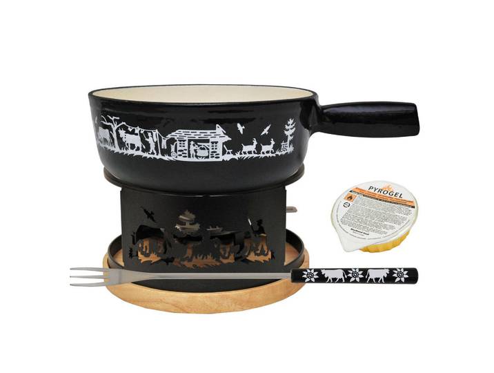 Heidi Cheese Line Fondueset, Schwarz, Weiss, Holz, Metall, 9-teilig, leichte Reinigung, Tischgrills & Fondues, Fondue-Sets