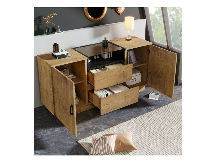 Odikalo Sideboard Kommode Anrichte mit Schubladen & Schränken, Wohnzimmer Natur, H70/B140/T40 cm
